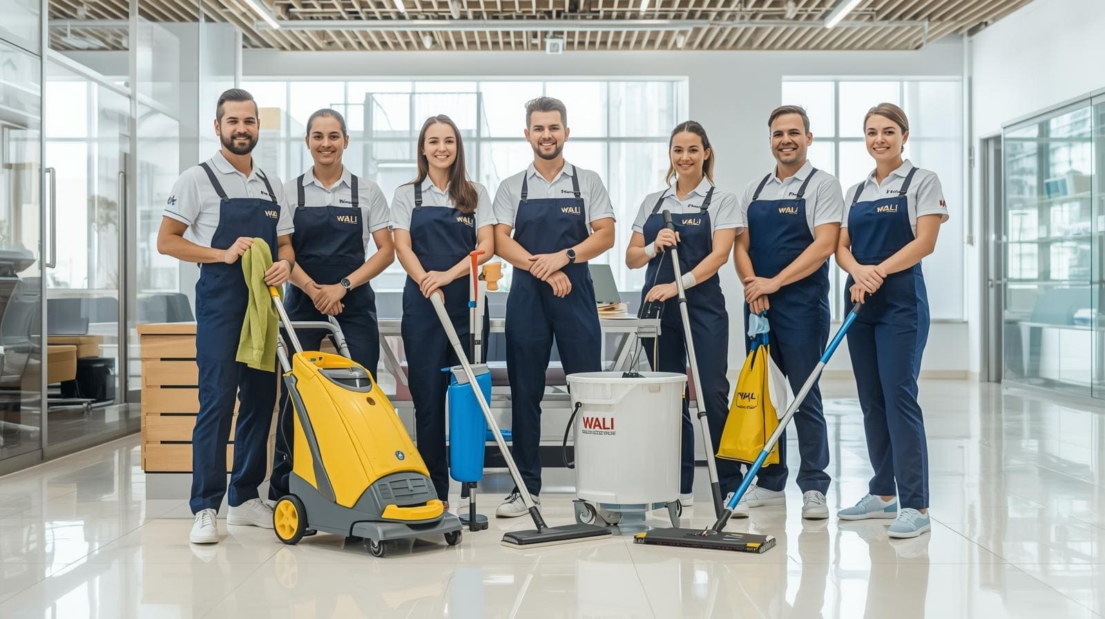 A woman in a blue denim shirt and headband is vacuuming a light-colored carpet in a bright living room. A yellow sofa is positioned against a white brick wall, and there are potted plants and a small table with a clock nearby.